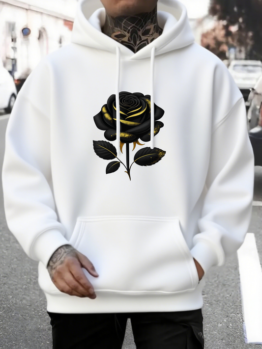 Men's Graphic Hoodie Golden Accented Black Rose Bold Design Under City Light Rose