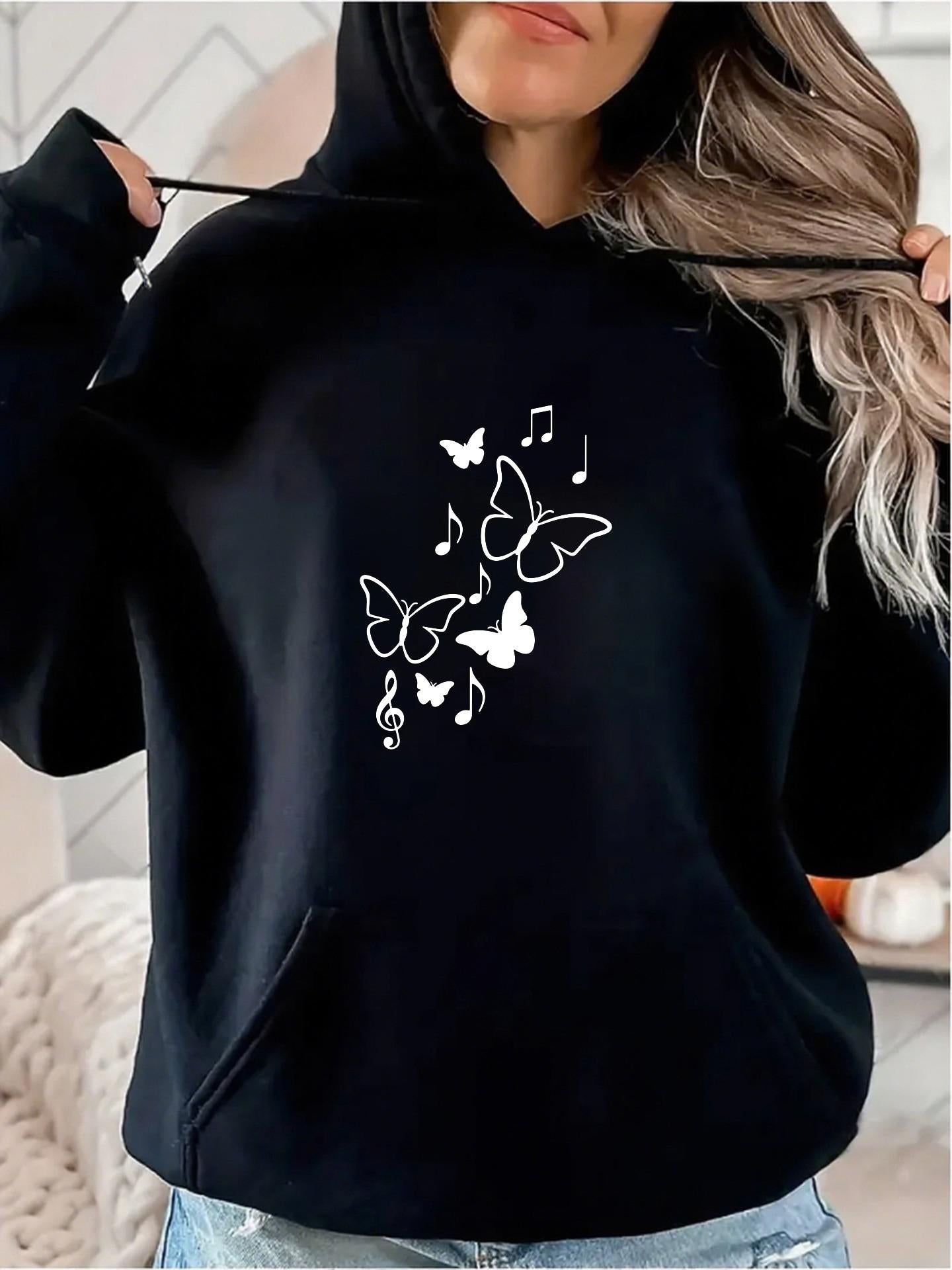 Women's Graphic Hoodie Delicate White Butterflies With Floating Musical Notes Hoodie