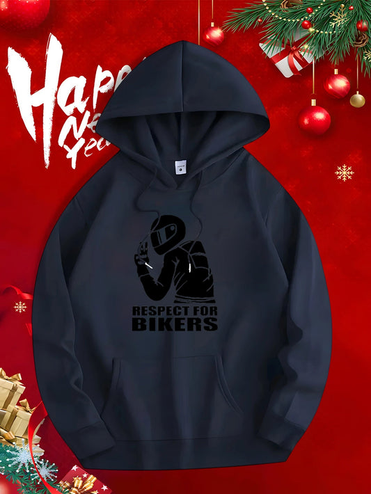 Men's Graphic Hoodie Respect For Bikers Hand Gesture With Motorcycle Helmet And Dark Silhouette Biker
