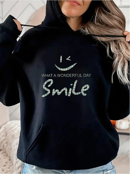 Women's Graphic Hoodie What A Wonderful Day Smile With Minimalist Line Drawing Smiling Face