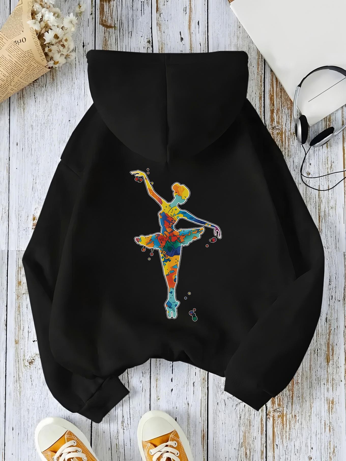 Women's Graphic Hoodie Colorful Abstract Brushstroke Patterns With Dancing Elegant Ballerina Figure