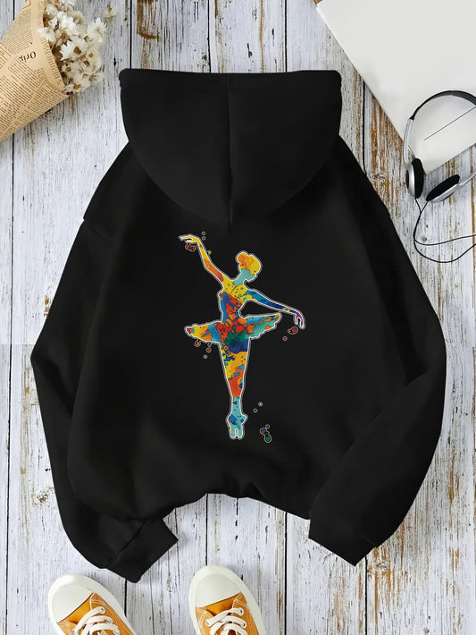 Women's Graphic Hoodie Colorful Abstract Brushstroke Patterns With Dancing Elegant Ballerina Figure