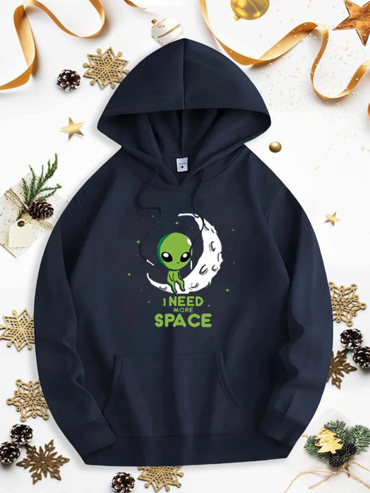 Men's Graphic Hoodie I Need Space Green Alien With Stars Crescent Moon And Outer Space Background