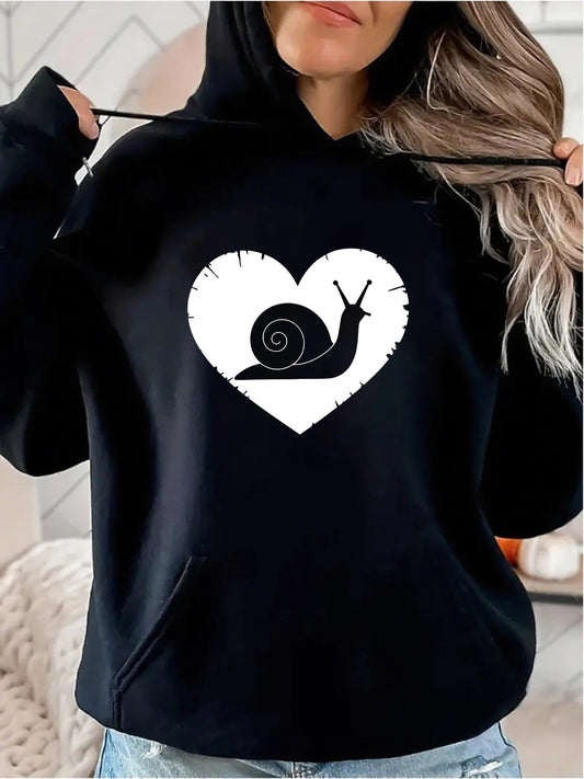 Women's Graphic Hoodie Hand Drawn Heart With Silhouette Shape Of Spiral Snail Artwork Hoodie