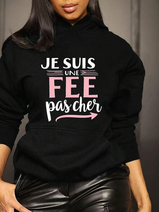 Women's Graphic Hoodie I Am Cheap French Style Slogan Gray Geometric Pattern