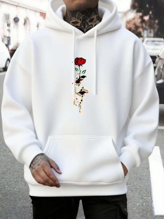 Men's Graphic Hoodie Delicate Hand Holding Red Rose Among Minimalist Stems Flower