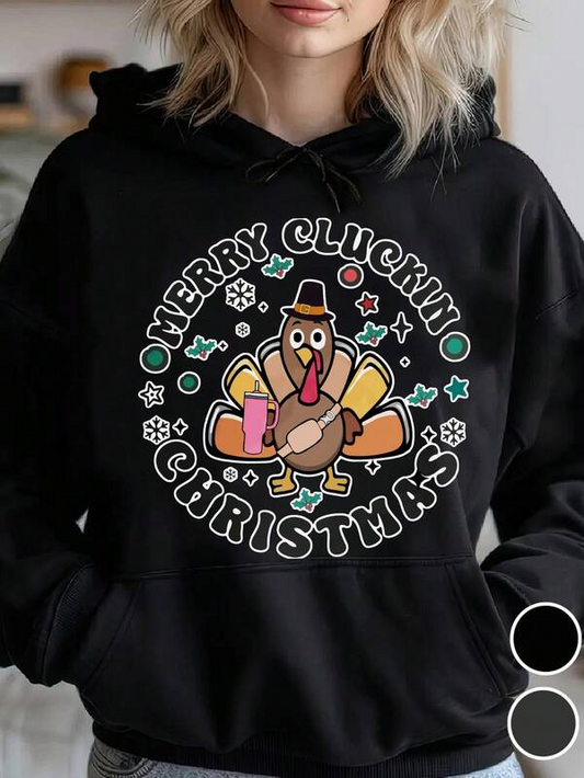 Women's Graphic Hoodie Merry Cluckin Christmas Cartoon Turkey With Colorful Stars And Holiday Decorations Turkey