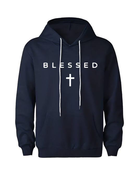 Men's Graphic Hoodie Blessed With Bold White Letters And Centered Religious Cross Symbol Hoodie