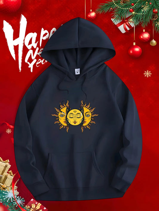 Men's Graphic Hoodie Multiple Golden Celestial Faces Surrounded By Decorative Sunburst Patterns Sun