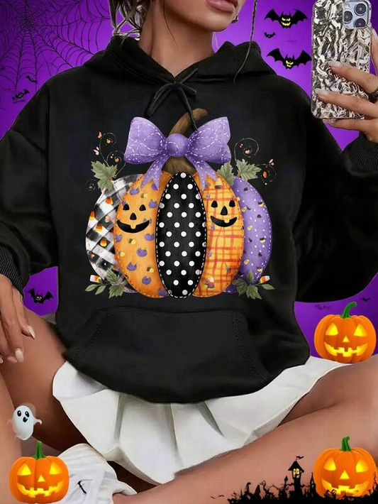 Women's Graphic Hoodie Halloween Patchwork Pumpkins With Purple Bow And Festive Atmosphere Pumpkin