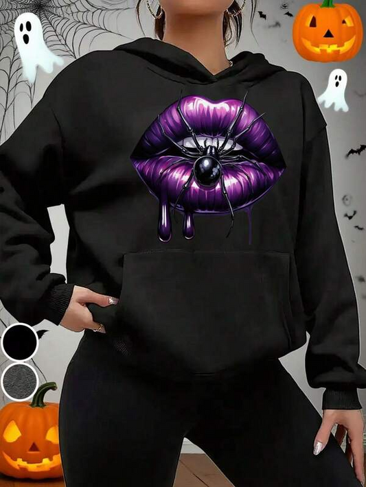 Women's Graphic Hoodie Shiny Purple Dripping Lips With Glossy Spider Sitting On Lips