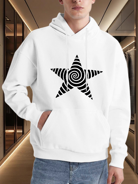 Men's Graphic Hoodie Abstract Monochrome Spiral Pattern Within Black Striped Star