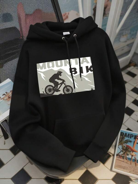 Women's Graphic Hoodie Mountain Adventure With Silhouetted Cyclist Riding Bicycle Under Cloudy Sky
