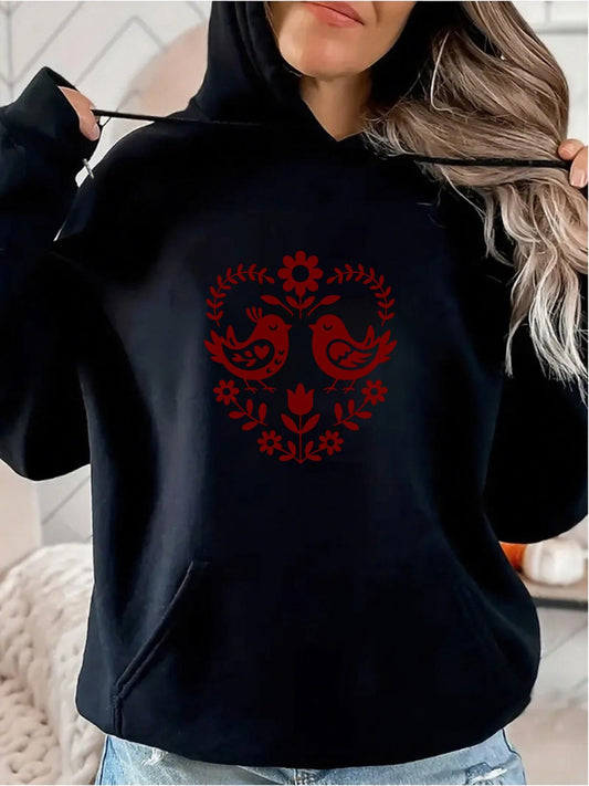 Women's Graphic Hoodie Red Floral Pattern With Two Birds Surrounded By Leaves And Blossoms