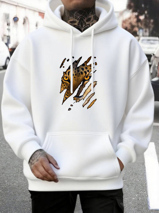 Men's Graphic Hoodie Mysterious Golden Eyes Hiding Among Torn White Hoodie Leopard