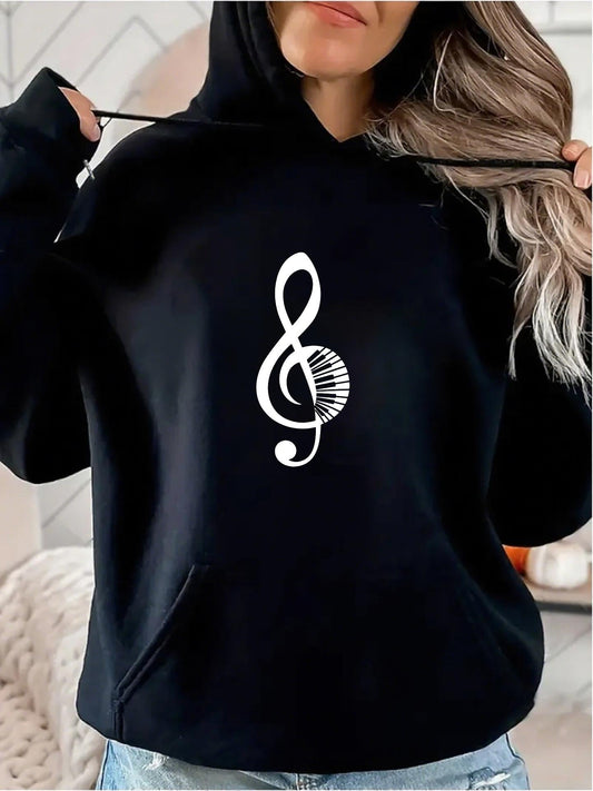 Women's Graphic Hoodie Modern Music Treble Clef Notes With Piano Keys Black Hoodie