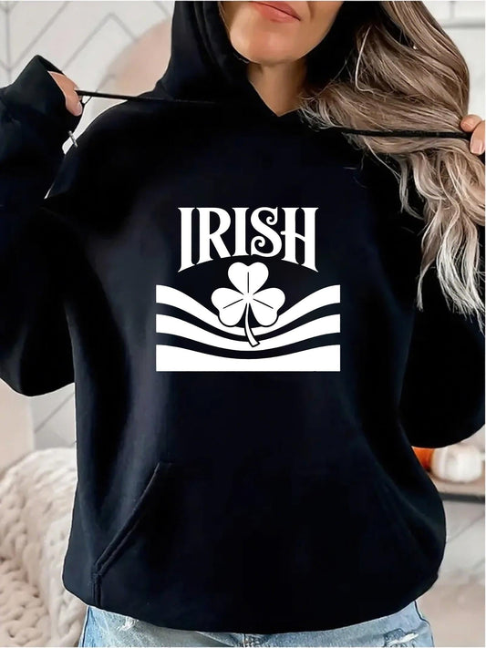 Women's Graphic Hoodie Irish Shamrock With Wavy Lines Printed Across Soft Black Hoodie