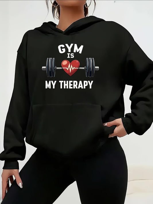 Women's Graphic Hoodie Gym Is My Therapy With Red Heart And Barbell Surrounded By Pulse Symbol Hoodie