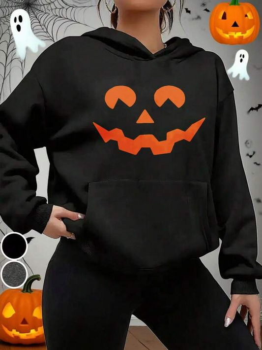Women's Graphic Hoodie Playful Jackolantern Face With Orange Smiling Expression Centered On Hoodie