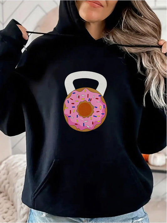 Women's Graphic Hoodie Pink Frosted Donut With Sprinkles Embellishing Sturdy Workout Kettlebell