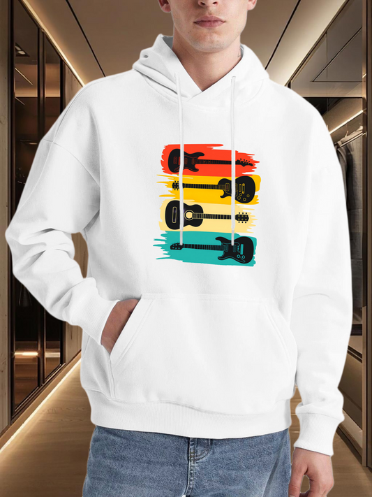 Men's Graphic Hoodie Retro Painted Guitar Silhouettes With Colorful Brush Stroke Layers Hoodie
