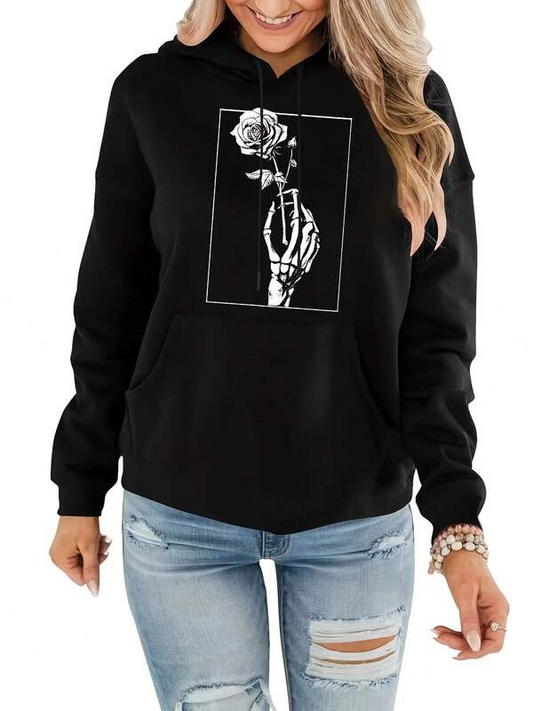 Women's Graphic Hoodie Elegant Skeleton Hand Holding A Delicate Rose With Simple White Framing Design
