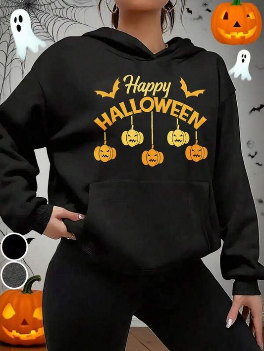 Women's Graphic Hoodie Happy Halloween With Smiling Pumpkin Faces Hanging Bats And Spooky Vines Hoodie