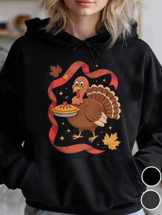 Women's Graphic Hoodie Autumn Leaves With Festive Pie Carrying Cartoon Turkey