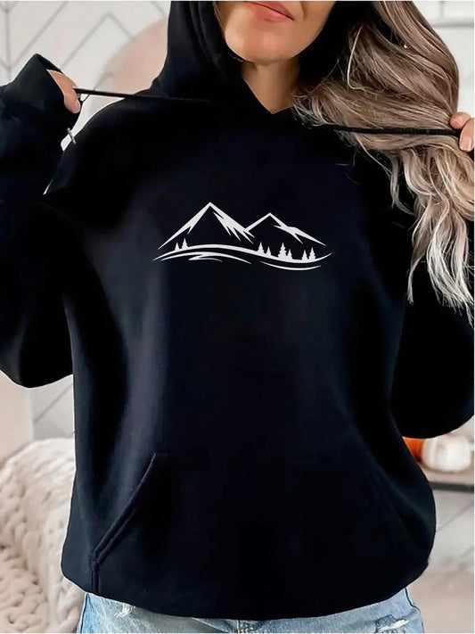 Women's Graphic Hoodie Snow Capped Scenery With Distant Pine Trees Mountain