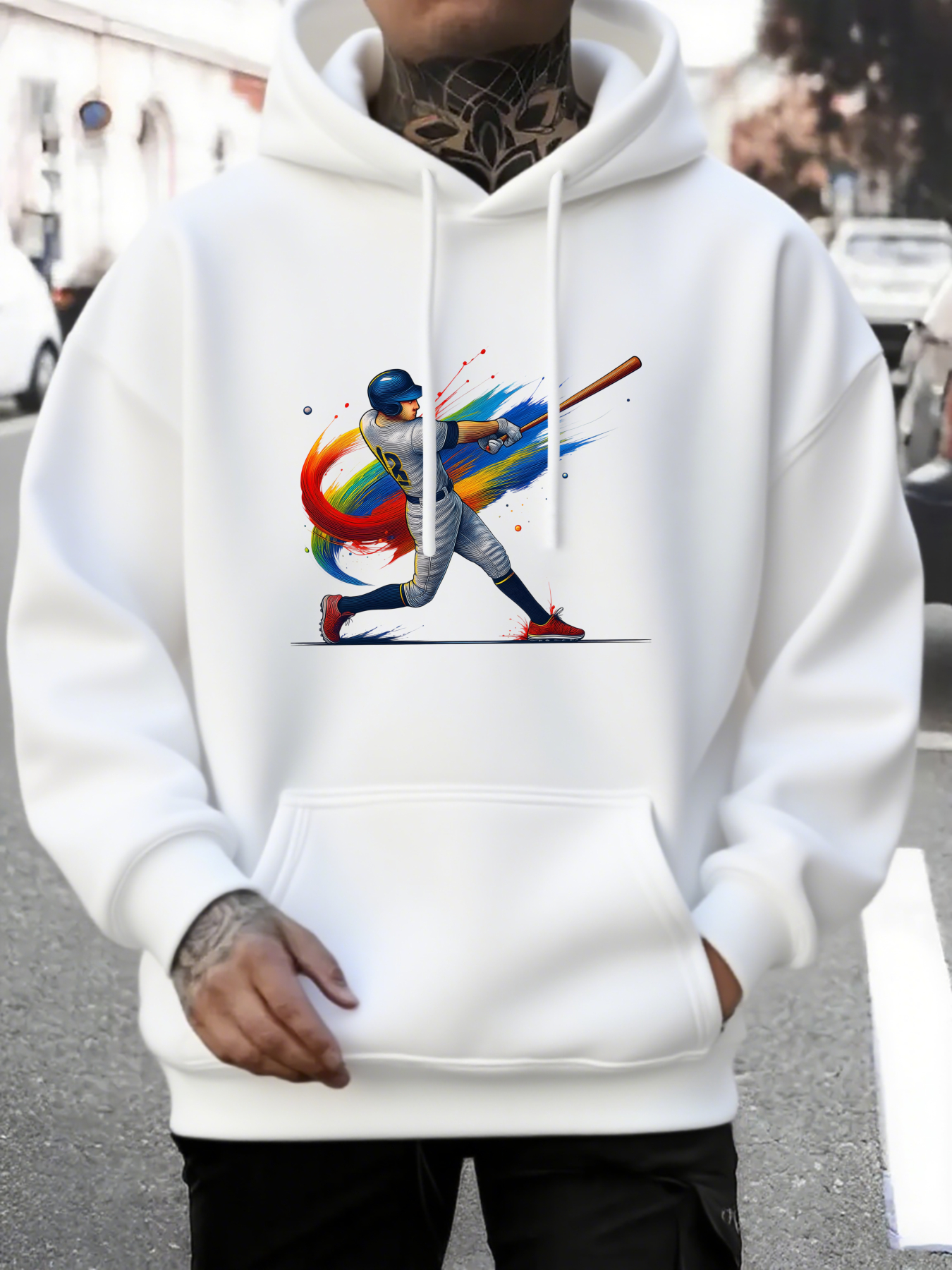 Men's Graphic Hoodie Colorful Paint Splash Behind Dynamic Swinging Baseball Player