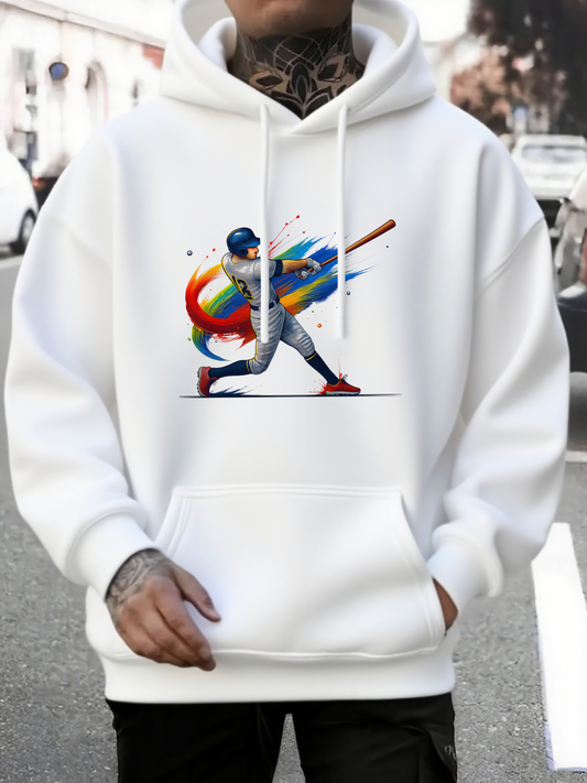 Men's Graphic Hoodie Colorful Paint Splash Behind Dynamic Swinging Baseball Player