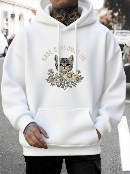 Men's Graphic Hoodie Peace Coming With Calm Gray Cat Among Soft Flowers
