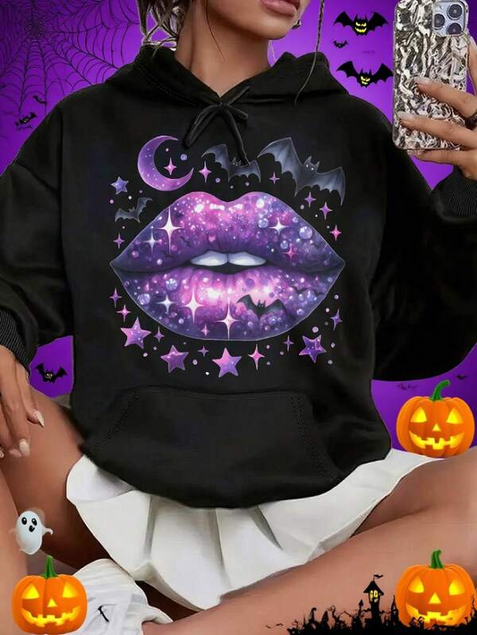 Women's Graphic Hoodie Galaxy Stars And Bats With Purple Moon Mystical Lips