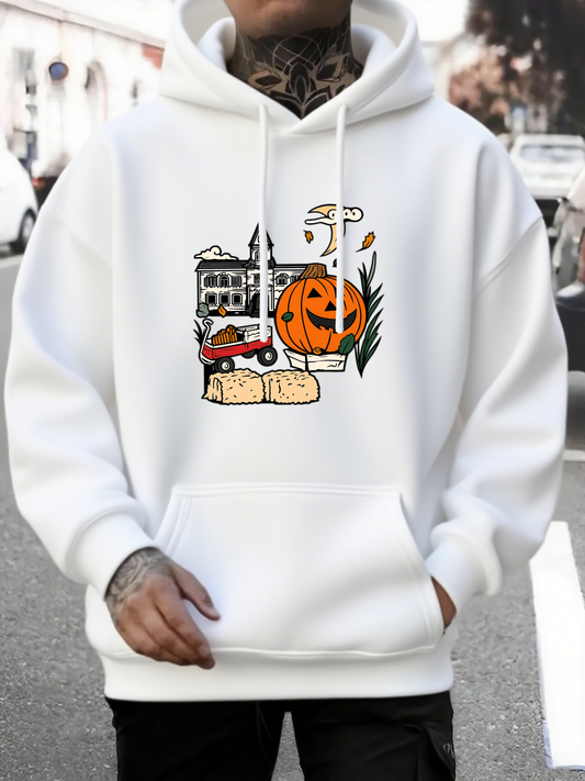 Men's Graphic Hoodie Autumn Street With Pumpkin And Festive Bread Surrounded By Cozy Houses