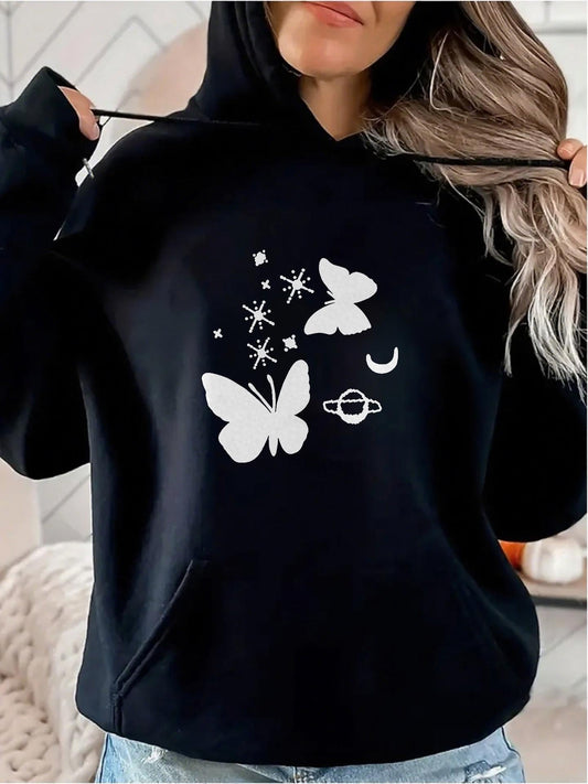 Women's Graphic Hoodie Whimsical Night Sky With Stars And Floating Butterflies Hoodie