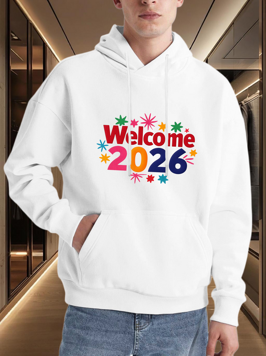 Men's Graphic Hoodie Welcome 2026 Colorful Festive Fireworks With Stars And Celebration Year Hoodie