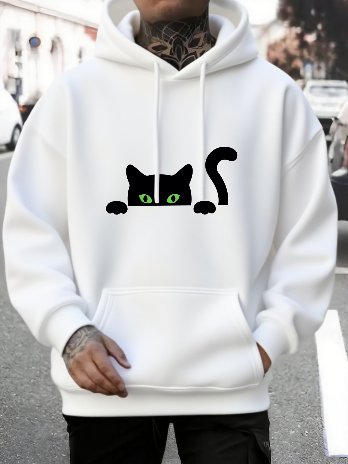 Men's Graphic Hoodie Playful Black Cat With Green Eyes Peeking Over White Hoodie
