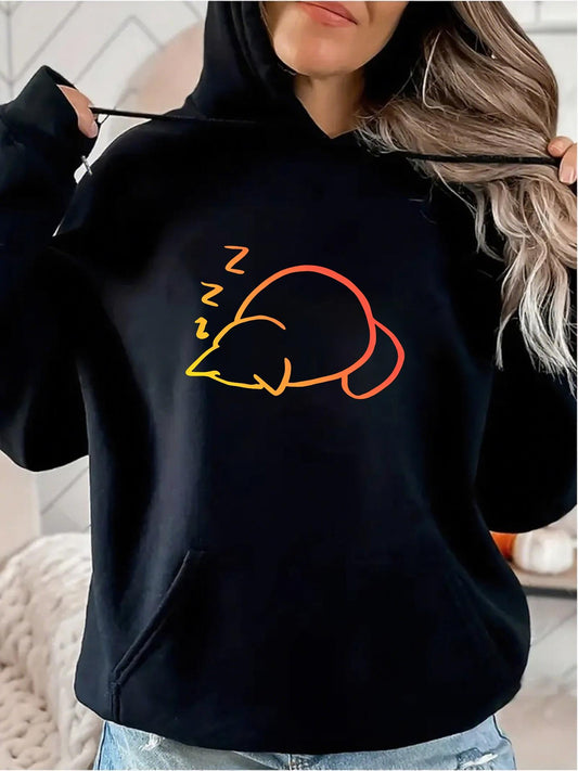 Women's Graphic Hoodie Sleeping Kitten Line Art With Vibrant Neon Z Marks Displaying Restful Cat