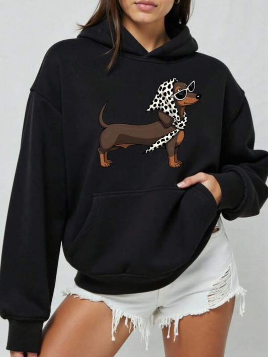 Women's Graphic Hoodie Stylish Sausage Dog With Polka Dot Scarf Wearing Cool Sunglasses Hoodie