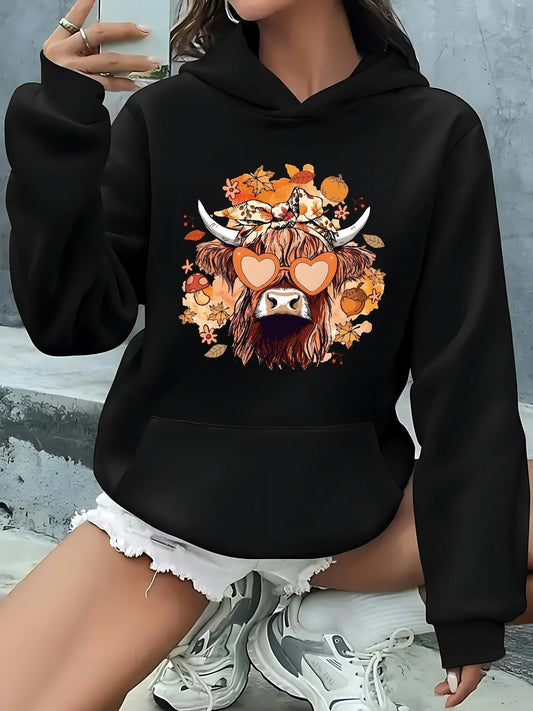 Women's Graphic Hoodie Autumn Leaves And Heart Sunglasses On Highland Cow