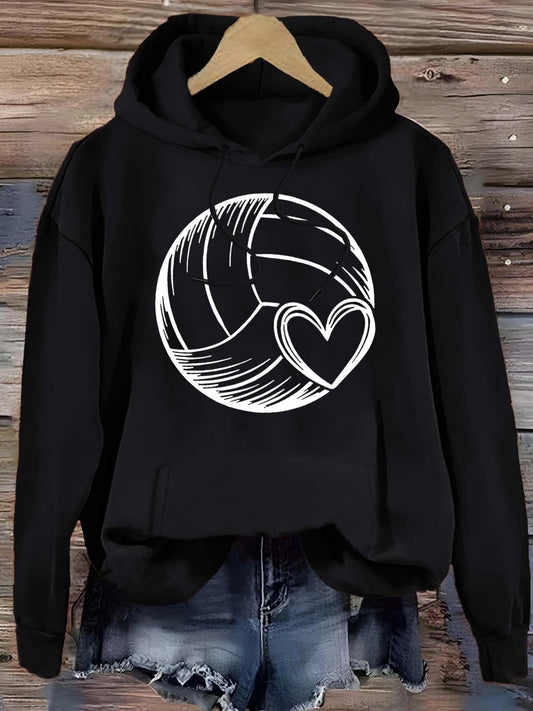 Women's Graphic Hoodie Hand Drawn Lines With Heart Motif On Volleyball