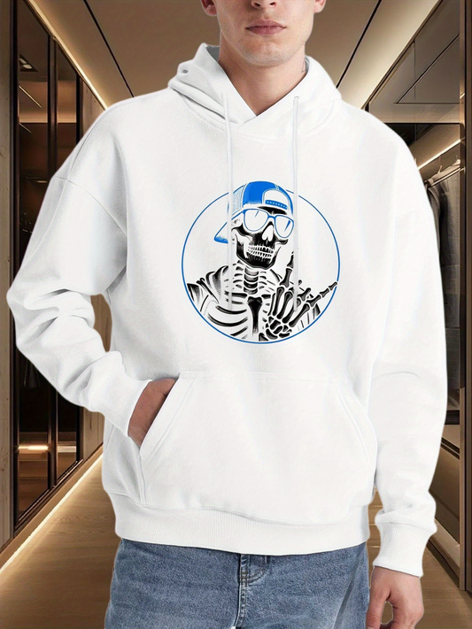 Men's Graphic Hoodie Urban Cool Skeleton Wearing Blue Cap And Sunglasses Hoodie