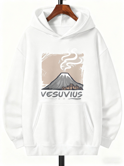 Men's Graphic Hoodie Vesuvuis With Smoking Volcano And Soft Clouds Over Peaceful Town