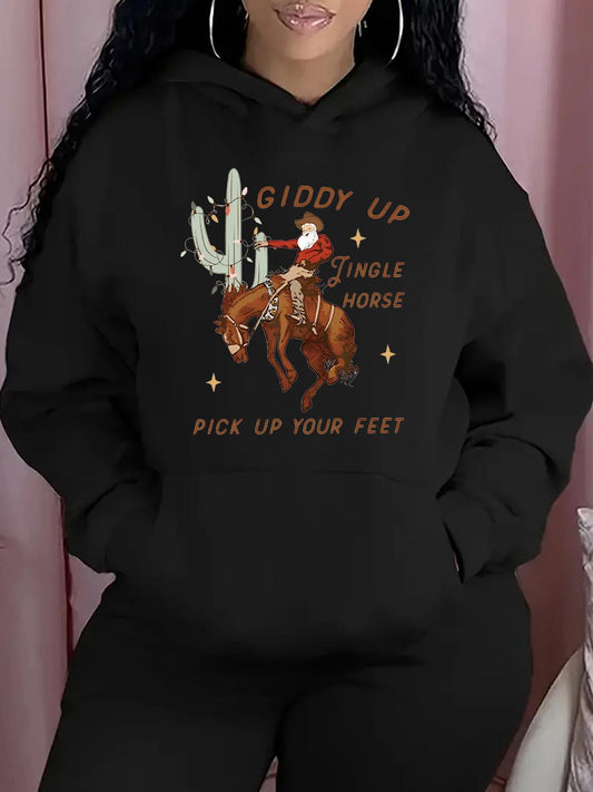 Women's Graphic Hoodie Giddy Up Single Horse Desert Cactus And Cowgirl On Brown Horse