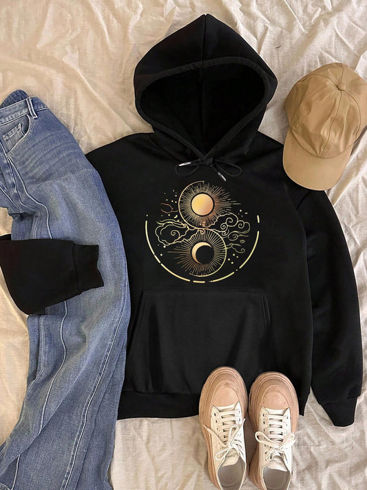 Women's Graphic Hoodie Celestial Yin Yang Surrounded By Swirling Energetic Waves Symbol
