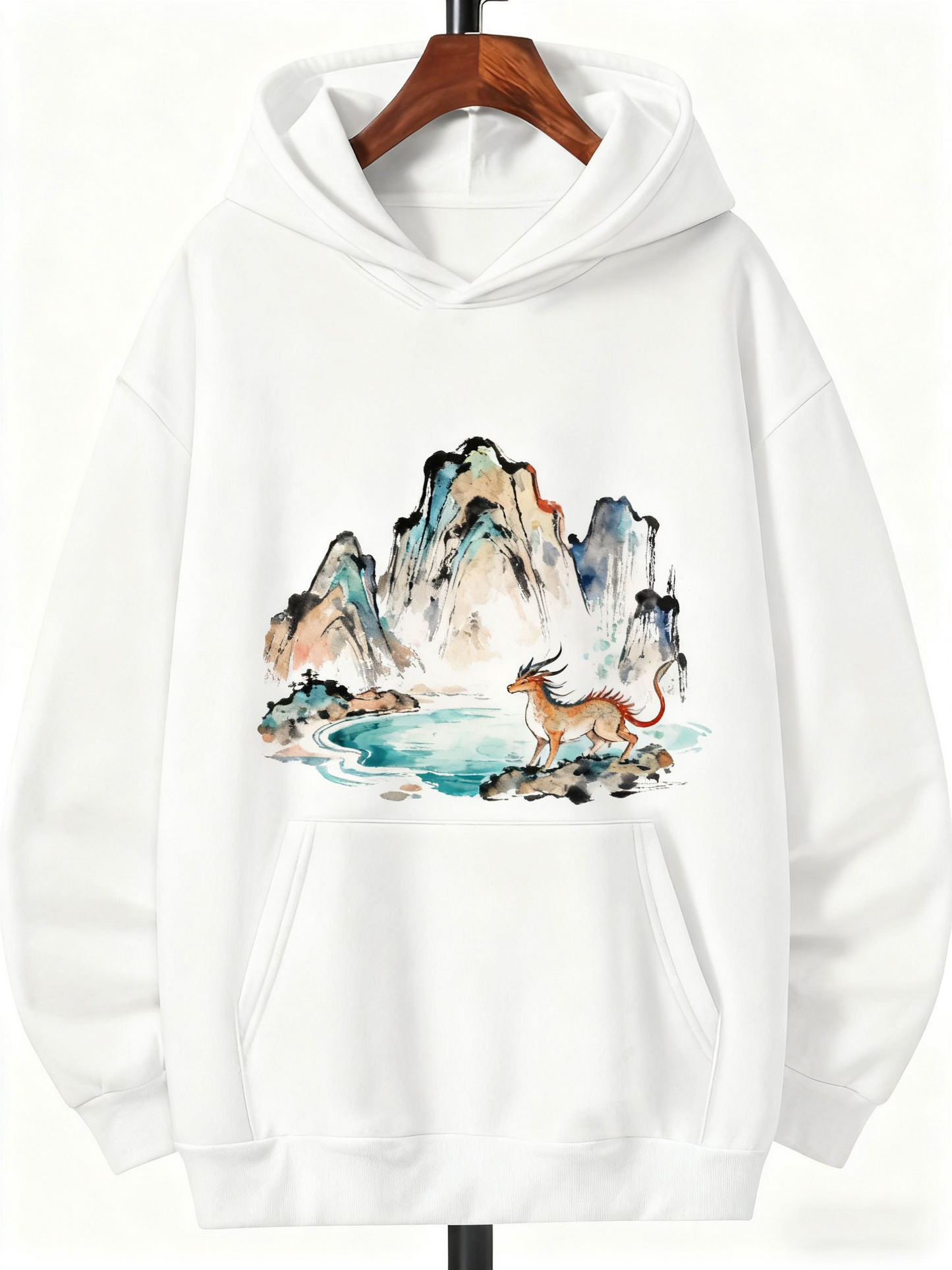 Men's Graphic Hoodie Peaceful Lake With Majestic Mountains And Serene Lone Deer