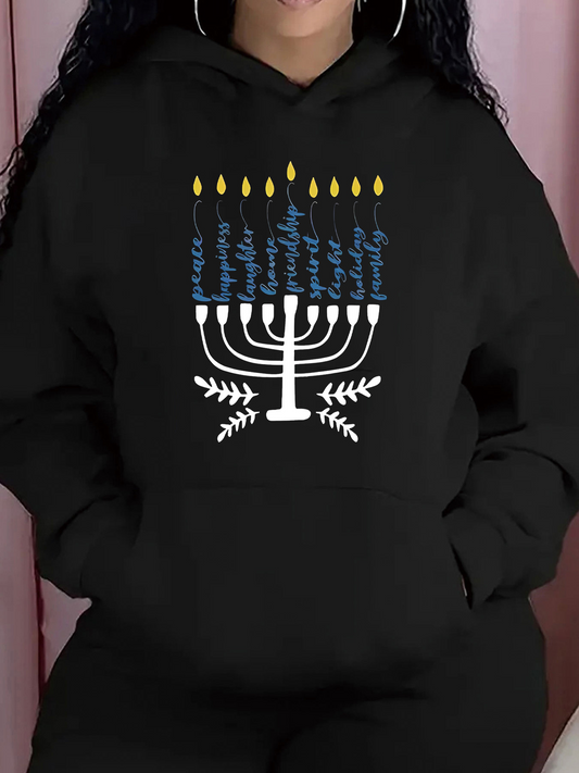 Women's Graphic Hoodie Colorful Candles Glowing With Blue Flames On White Menorah