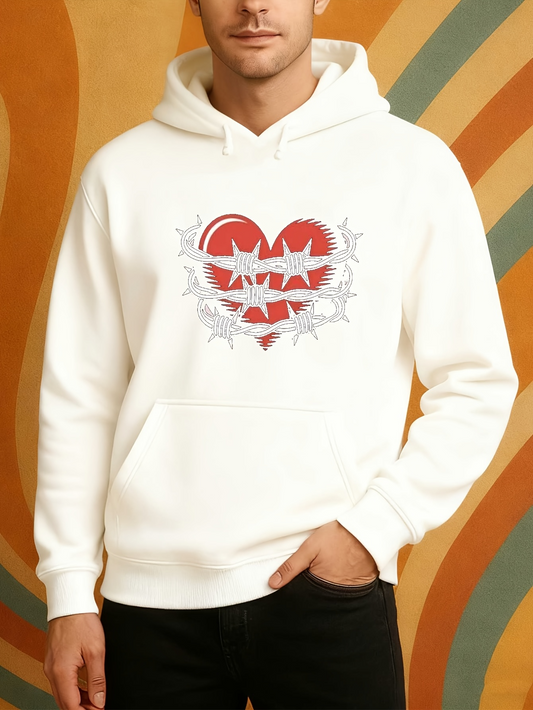 Men's Graphic Hoodie Radiant Red Heart With Metallic Barbed Wire Motif Surrounded By White Glow Heart