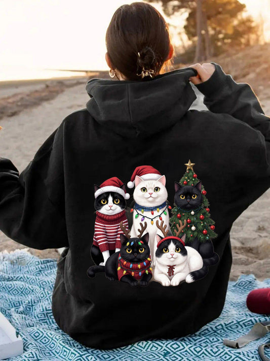 Women's Graphic Hoodie Playful Holiday Cats With Santa Hats And Festive Christmas Tree