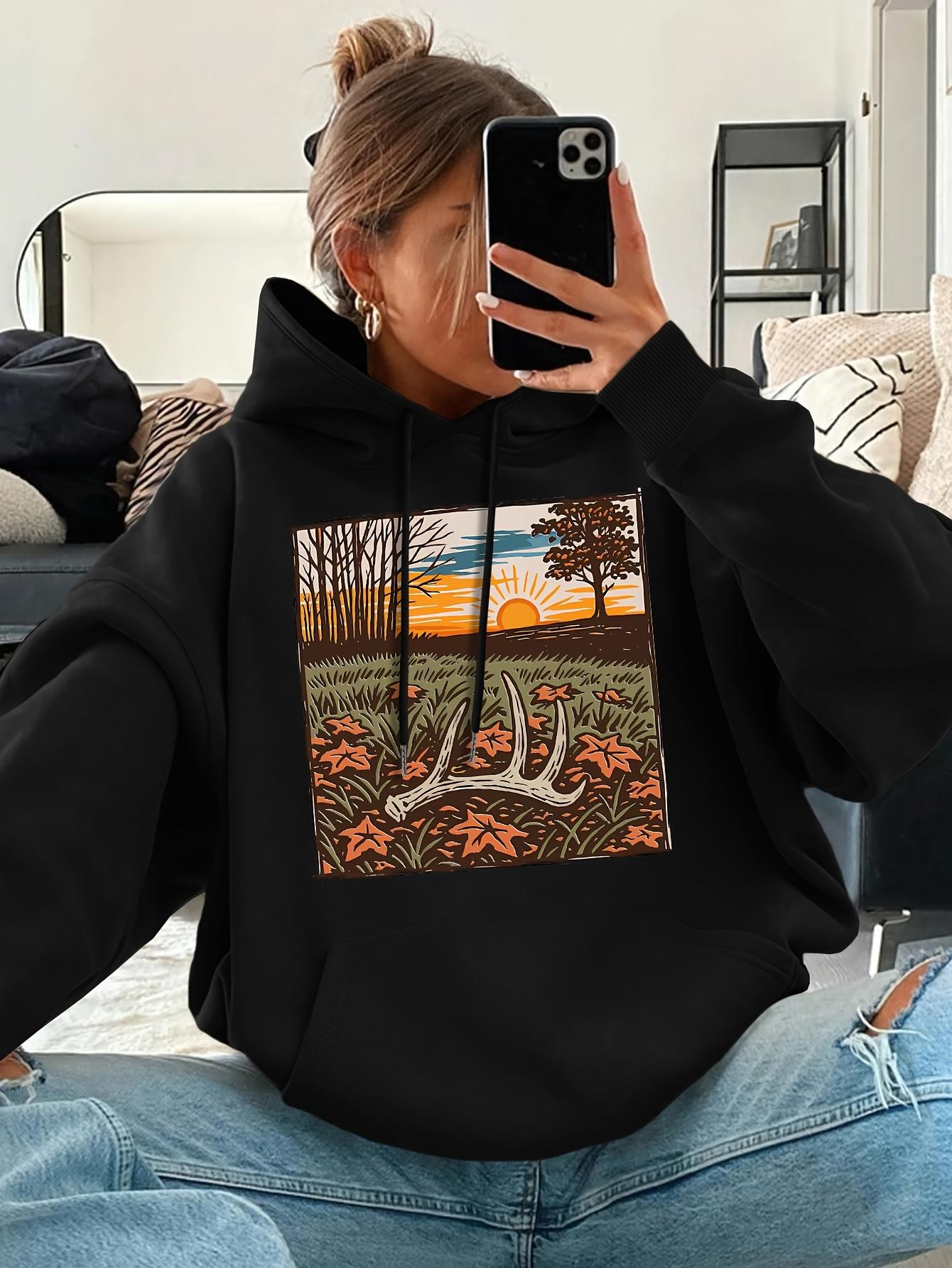 Women's Graphic Hoodie Peaceful Autumn Landscape With Setting Sun And Fallen Leaves Field